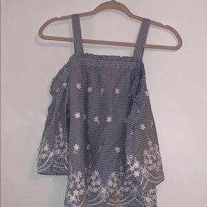 Off the shoulder blue and white striped shirt